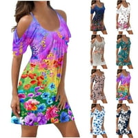 Haljine bez ramena za žene Scoop vrat kratki rukav cvjetni Print haljine za sunce Ležerna ljetna plaža