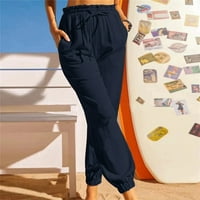Tawop lanene pantalone ženske letnje pantalone za žene Ženska Moda Casual jednobojne elastične pamučne i lanene pantalone Navy 12