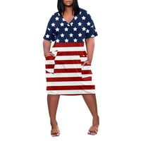 Ženske ljetne haljine Američka zastava V izrez kratki rukav sa džepovima udobne casual slobodne plus haljine