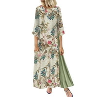 Outfmvch posteljina haljina zelena haljina Vintage Print cvjetni patch haljina rukav o-vrat Loose Maxi