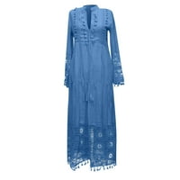 Klirens ljetne haljine za žene V-izrez čipkasta Maxi dužina gležnja labavi Datum Dugi rukav haljina plava L