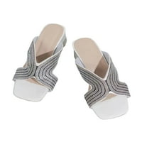 Woobling Laides Dress Sandal Chunky Heel Sandals Slip On Heels Womens Casual Shoe Non-Slip Shoes Rhinestone Fashion White 6.5