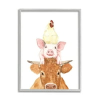 Stupell Industries Domaće životinje naslagane slatka ilustracija krava kokoška kokoška uokvirena zidna Umjetnost, 30, dizajn bijele ljestve