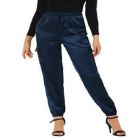 Unique Bargains ženske elastične satenske kargo pantalone sa visokim strukom