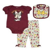 Minnie Mouse Baby Girl Outfit Bodi, Pantalone & Bibs Poklon Set Za Tuširanje, 3 Komada