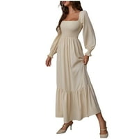 Ženska Maxi haljina s četvrtastim izrezom s dugim rukavima jednobojne Ležerne haljine s volanima visokog struka Hem Boho lepršave duge haljine