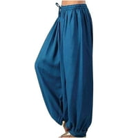 Ženske široke pantalone sa ravnim nogama letnje duge harem pantalone jednobojne pantalone visokog struka sa džepovima tamno plave XXL