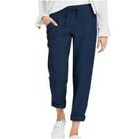 pbnbp Plus Size pamučne lanene pantalone za žene Casual čvrste osnovne rastezljive pantalone visokog struka sa džepovima
