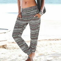 ženske pantalone za žene štampanje visokog struka lake pantalone duge pantalone Boho džepovi na plaži pantalone Grey + XXL