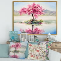 Designart 'Oriental Cherry Pink Tree Sakura Na Jezeru' Kuća Na Jezeru Uokvirena Platnena Zidna Umjetnička