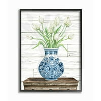 Stupell Industries buket tulipana u plavoj keramičkoj vazi bijeli cvjetni dizajn uokvireni zidni umjetnički dizajn Cindy Jacobs, 11 14