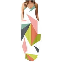 Savings Womens Casual rukav Plus Size labava obična duga Maxi haljina sa džepovima v kravata za vrat boja geometrijski Print plaža Party Sling Sun haljine Green XL