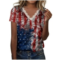 Ženske Patriotske majice Dressy Casual američka zastava štampana čipkasti V izrez kratki rukavi ljeto