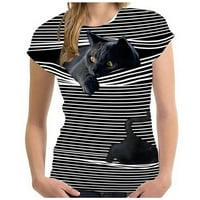 Ženska moda 3D Cat Print Casual majica Ljetna majica kratkih rukava, crna, poliester