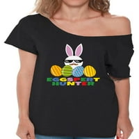Eggspert Hunter zeko grafički sa majica na rame - Sretan uskršnji dan s ramena Top - Kršćanski odmor za žene za žene