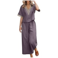 Qinhving ljetne pamučne posteljine odjeće za žene kratki rukav čipka u obliku vrata širi široke pantalone na plaži